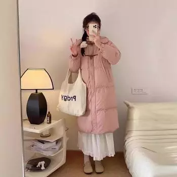 2024 Длинная куртка с капюшоном выше колена, женская свободная облегающая милая модная студенческая ветровка с пуговицами на углах, зимняя куртка average size, recommended within 75kg бежевый