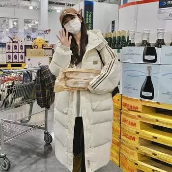 2024 длинная пуховая куртка стеганая куртка зимняя новая свободная утолщенная куртка колледжа куртка с наколенником черная S 70-46.5 kg