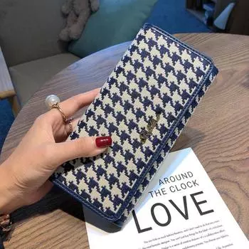 2024 Длинные женские кошельки из натуральной кожи, клатчи с вышивкой «гусиные лапки» для дам, модные женские бумажники из воловьей кожи, держатель для карт синий