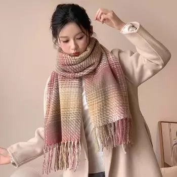 2024 Длинный зимний унисекс-шарф с воротником, новый теплый искусственный кашемир с разноцветным сетчатым узором и кисточками 180x65cm