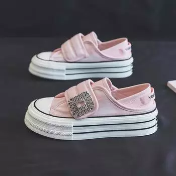 2024 для женщин Высококачественные женские туфли с пряжкой и ремешком из вулканизированной летней платформы Спортивные женские туфли с бриллиантами для женщин 35 розовый