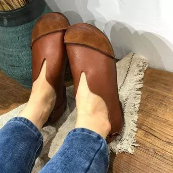 2024 Досуг Ретро Простые Натуральная Кожа Босоножки Женские Туфли Ручной Работы Натуральная Кожа Женские Туфли Мягкие Плоские Дно Круглые Головки 35 бежевый
