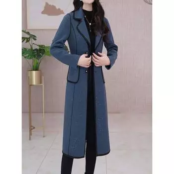 2024 Double-Sided Wear Trench coat Outerwear Middle-Aged and Elderly Versatile Autumn and Winter Light Luxury Suit Collar Woolen Temperament Elegant Blue and black on both sides 4XL