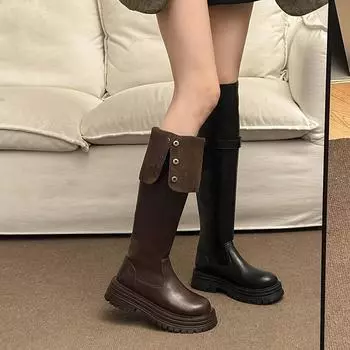 2024 две пары сапог до колена ретро зимние сапоги на толстой подошве толстый каблук круглый нос складчатые тонкие сапоги женские новые бархатные модные сапоги 35