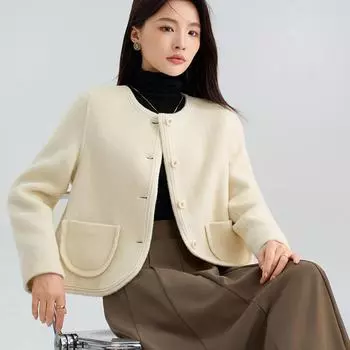 2024 Двусторонняя шерстяная женская короткая куртка с круглым вырезом S