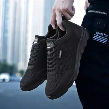 2024 дышащая мужская обувь, легкая повседневная обувь с сеткой, удобные кроссовки на плоской подошве со шнуровкой, мужские кроссовки Zapatillas Hombre 39 чёрный