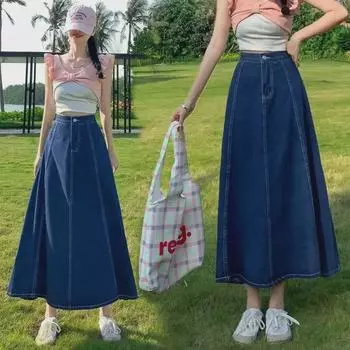2024 Джинсовая юбка А-силуэта с высокой талией в стиле ретро — средней длины, большой размер Swing, весна-лето 5XL темно-синий