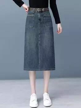 2024 Джинсовая юбка-миди с высокой посадкой для женщин - Осенняя мода для фигуры типа груша с облегающим дизайном с разрезом Large синий