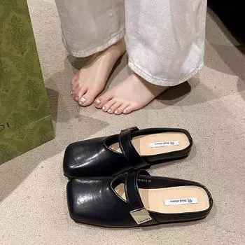 2024 early spring new Korean version square head bag head half drag metal buckle comfortable soft bottom flat bottom slippers wear women s shoes tide 35 чёрный