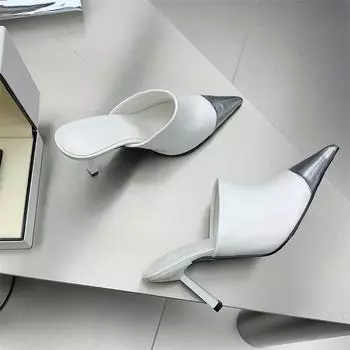 2024 Eilyken Fashion Silver Women Slippers Thin Low Heels Pointed Toe Design Slip on Summer Mules Slides Shoes 35 серебряный