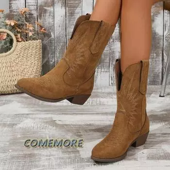 2024 женские вышитые кожаные сапоги ручной работы с острым носком и каблуком-шипом, повседневная обувь на осень-зиму, новые модные ботинки в стиле ретро в стиле вестерн 36 коричневый