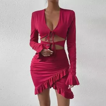 2024 European & American Autumn Winter Trumpet Sleeve Hollow Pleated Dress Extra Small бордовый