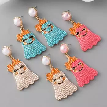 2024 European American New Creative Halloween Cute Cartoon Bow Ghost Rice Bead Earrings Alloy Pearl Earrings Design Jewelry Gift красный