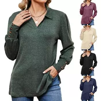 2024 European And American Autumn And Winter New Item Lapel Long Sleeved Button Loose Brushed T-Shirt Top For Women S чёрный
