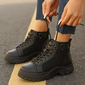 2024 European and American winter new couple high-top leather boots British wind velvet warm short boots lace-up tooling boots size 45 36 чёрный