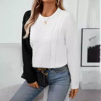 2024 Европа и Америка осень и зима новый сращивание контрастный круглый вырез свитер винтажный свободный вязаный пуловер жареный тесто переплетения свитер женский S коричневый