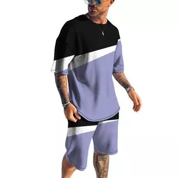2024 Европа и США лето мужская мода повседневный пляжный комплект футболок комплект футболок с 3D-печатью цветные блоки строчка S