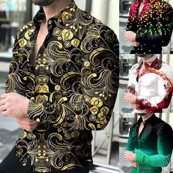 2024 Европа и США, новая весенняя мужская рубашка с длинными рукавами, рубашка больших размеров, тонкая повседневная рубашка с градиентом и геометрическим принтом S золотой