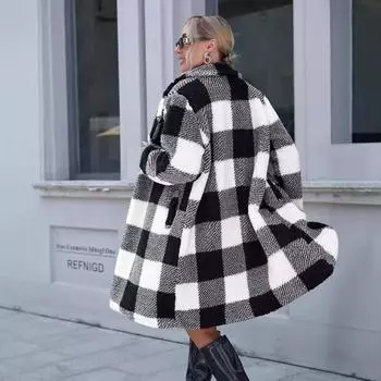 2024 Европейская и Американская Новая Женская Одежда Лацкан Длинный Рукав Без Пуговиц Клетчатая Длинная Свободная Повседневная Куртка Пальто S