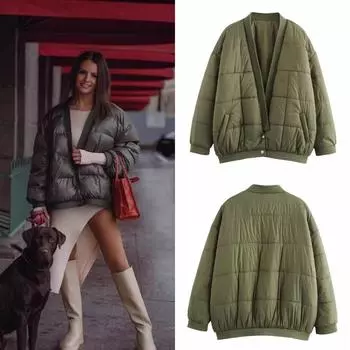 2024 Европейская и американская одежда из хлопка с длинными рукавами на пуговицах Европейская и американская модная женская осенне-зимняя свободная повседневная теплая куртка XS зелёный