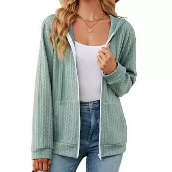 2024 Европейская и Американская Осень И Зима Новинка Однотонная Свободная Куртка С Длинными Рукавами И Капюшоном На Молнии Для Женщин S зелёный