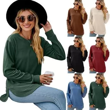 2024 Европейская и Американская Осень И Зима Новая Круглая Горловина Неровный Подол Длинные Рукава Футболка Свободный Повседневный Топ Для Женщин S небесно-голубой