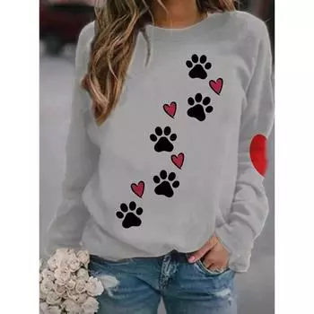 2024 Европейская и Американская осень и зима Новая толстовка с капюшоном Dog Claw Love с 3D-принтом, круглый вырез, длинный рукав, футболка, женская одежда S