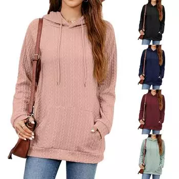 2024 Европейская и Американская Осень И Зима Новая Позиция Однотонная Свободная Толстовка С Капюшоном На Шнурок Карман Рукав Для Женщин S чёрный