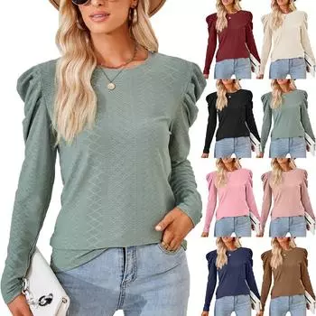 2024 Европейская и Американская Осень И Зима Новинка Однотонная Круглая Горловина Свободная Плиссированная Футболка С Длинными Рукавами Верх Женская Одежда S чёрный