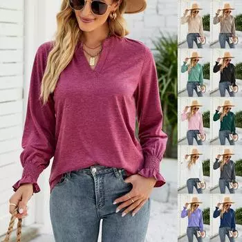 2024 Европейская и Американская осень Новая Повседневная футболка с V-образным вырезом, однотонная, с рукавами в виде листьев лотоса, свободная футболка для женщин S чёрный