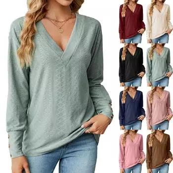 2024 Европейская и Американская осень/зима Новая однотонная свободная футболка с V-образным вырезом и пуговицами для женщин S чёрный