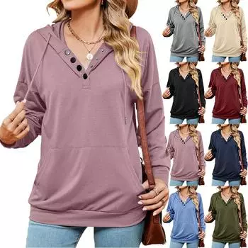 2024 Европейская и Американская Осень/Зима Новая Однотонная Свободная Толстовка С Длинным Рукавом На Пуговицах С Карманом На Шнуровке Для Женщин S серый