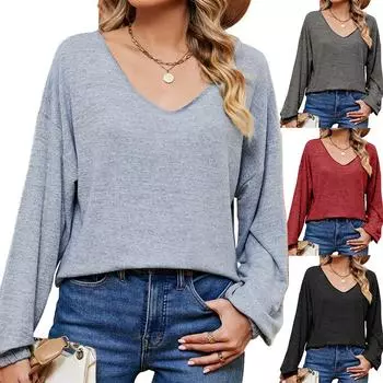 2024 Европейская и Американская осень / зима Новая цветная футболка с V-образным вырезом и короткими рукавами Свободная футболка для женщин S чёрный