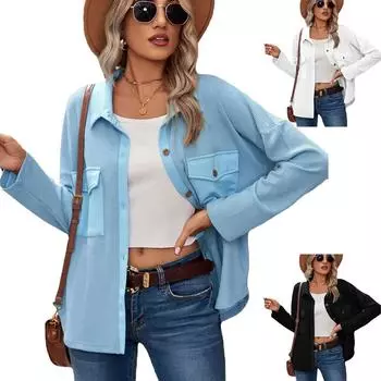 2024 Европейская и Американская Осень/Зима Новая Рубашка С Длинным Рукавом И Вафельным Карманом Свободный Воротник Для Женщин S белый