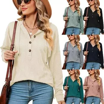 2024 Европейская и Американская Осень/Зима Новая Однотонная Толстовка С Длинным Рукавом На Пуговицах Головной Убор Свободная Толстовка Для Женщин S чёрный