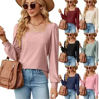 2024 Европейская и Американская осень/зима Новая однотонная жаккардовая футболка с квадратным воротником и длинным рукавом Свободная футболка для женщин S чёрный