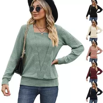 2024 Европейская и Американская осень/зима Новая однотонная футболка с квадратным вырезом и крестом, свободная, с длинным рукавом, для женщин S чёрный