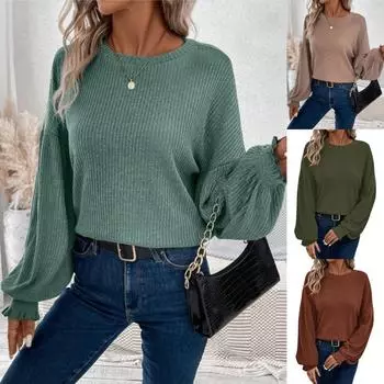 2024 Европейская и американская повседневная свободная ребристая наплечная женская футболка с длинным рукавом XL