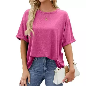 2024 Европейская и американская женская футболка больших размеров однотонная свободная с коротким рукавом и круглым вырезом L
