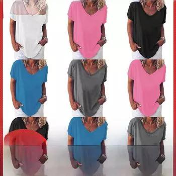 2024 Европейская и американская женская однотонная футболка с V-образным вырезом и короткими рукавами Extra Large