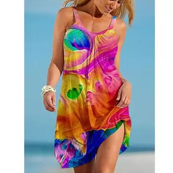 2024 Европейская и американская женская пляжная юбка, повседневная юбка-бретелька с 3D-принтом S