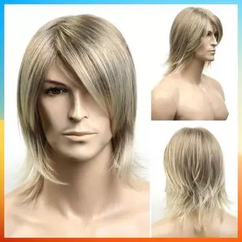 2025 Европейская мода длинный прямой парик для мужчин золотой