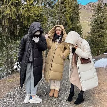 2024 Европейская новая свободная модная одежда из хлопка с капюшоном, женская длинная утолщенная теплая одежда из хлопка до колена, женское пальто S