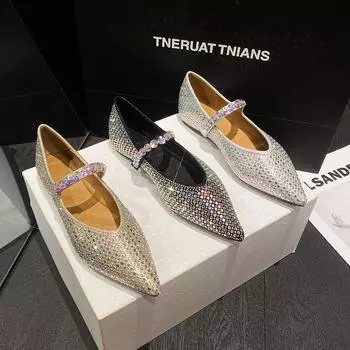 2024 Европейская обувь для женщин Плоские туфли Роскошные блестящие стразы с острым носком Туфли Мэри Джейн для девочек Мокасины без застежек 33-43 34 чёрный