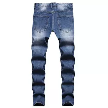 2024 Европейские и американские джинсы мужские осенние брюки со средней талией, неэластичные, повседневные брюки синего цвета с перфорацией, промытые водой 28 темно-синий