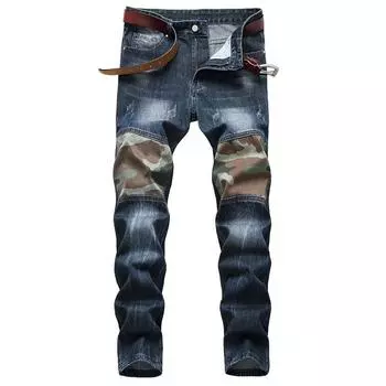 2024 европейские и американские джинсы мужские персонализированные изнашиваемые камуфляжные сращивающиеся модные брюки мужские джинсы 31 темно-синий