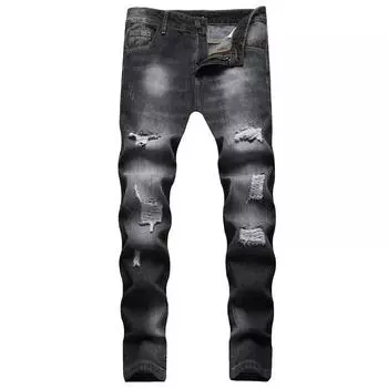 2024 европейские и американские модные черные джинсы со средней талией, неэластичные, с несколькими отверстиями, повседневные прямые брюки 28 чёрный