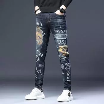 2024 Европейские и американские мужские джинсы с вышивкой, облегающие эластичные брюки, мужские принтованные брюки 28