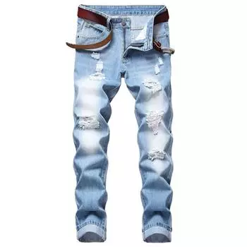 2024 Европейские и американские мужские рваные дырки на талии, прямые, свободные, облегающие джинсы, трендовые синие джинсовые брюки 28 индиго
