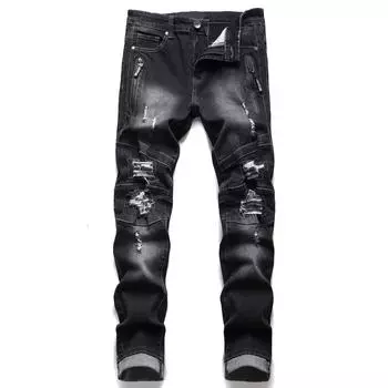 2024 Европейские и Американские Новые Мужские Джинсы С Рваными Дырами, Персонализированная Ностальгия, Украшение Молнии, Мужские Джинсы 28